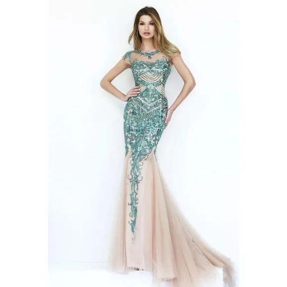 Sherri Hill Dresses | Luxury Couture Emerald Green Embroidery Crystals Beaded Party Evening Gown Dress | Color: Cream/Green | Size: L |